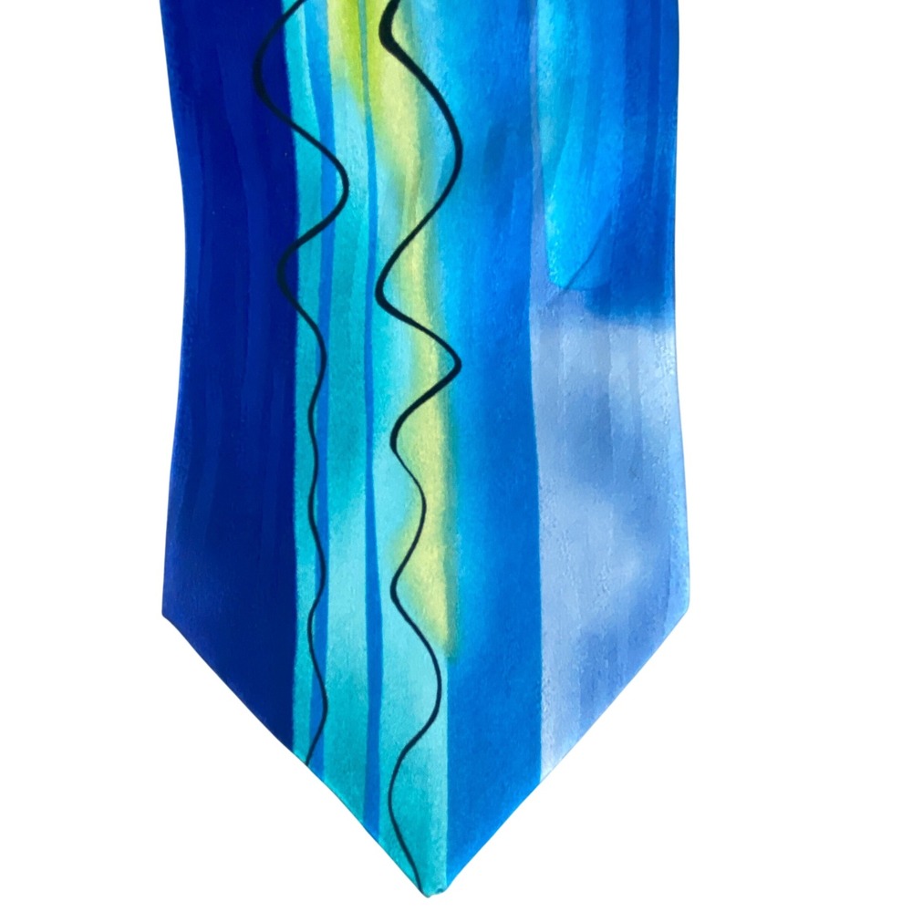 J. Garcia Mens Abstract Silk Tie Blue Teal Artsy Abstract Palm Beach 57.5"x4"